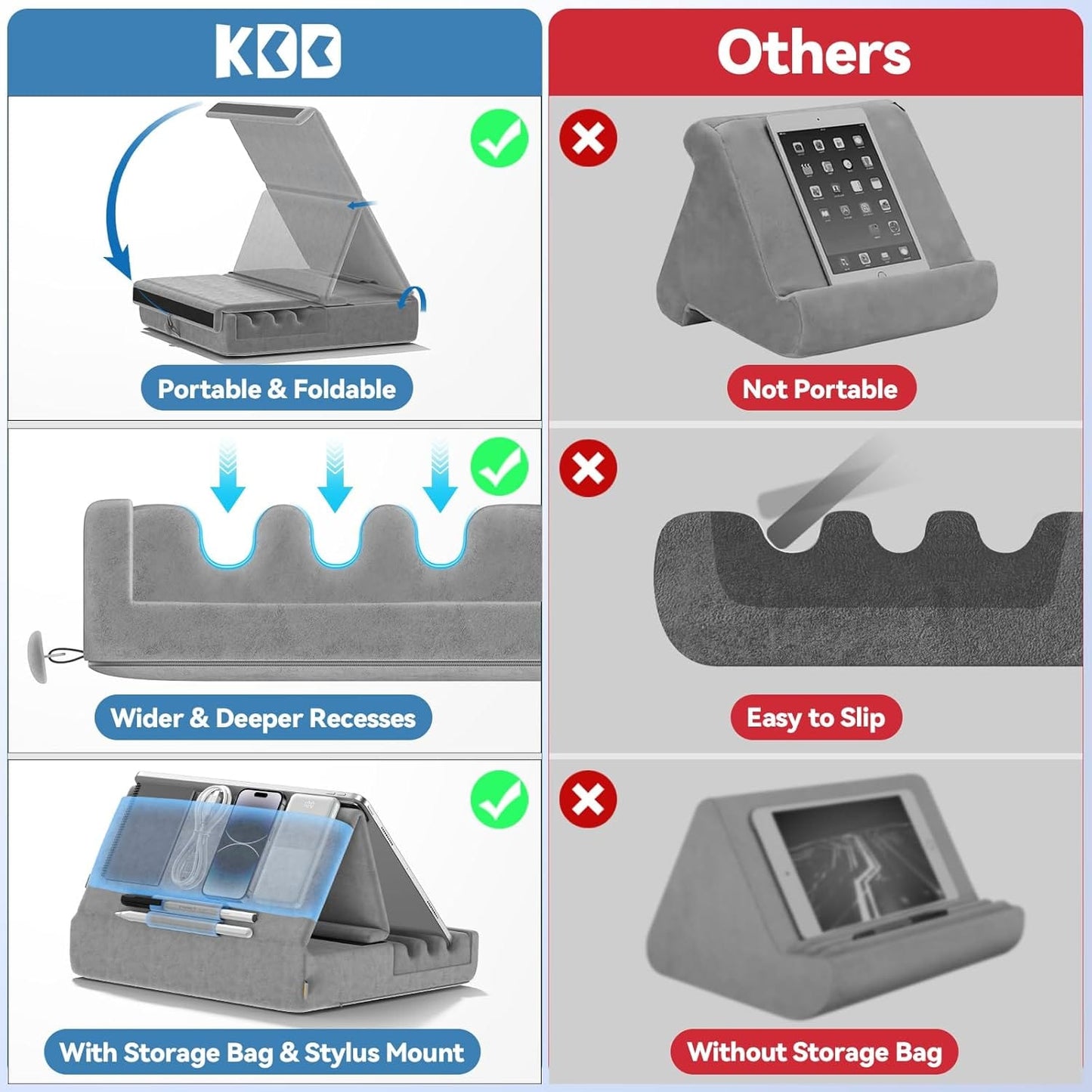 Adjustable Tablet Pillow Stand with Storage Pockets and Wide Device Compatibility