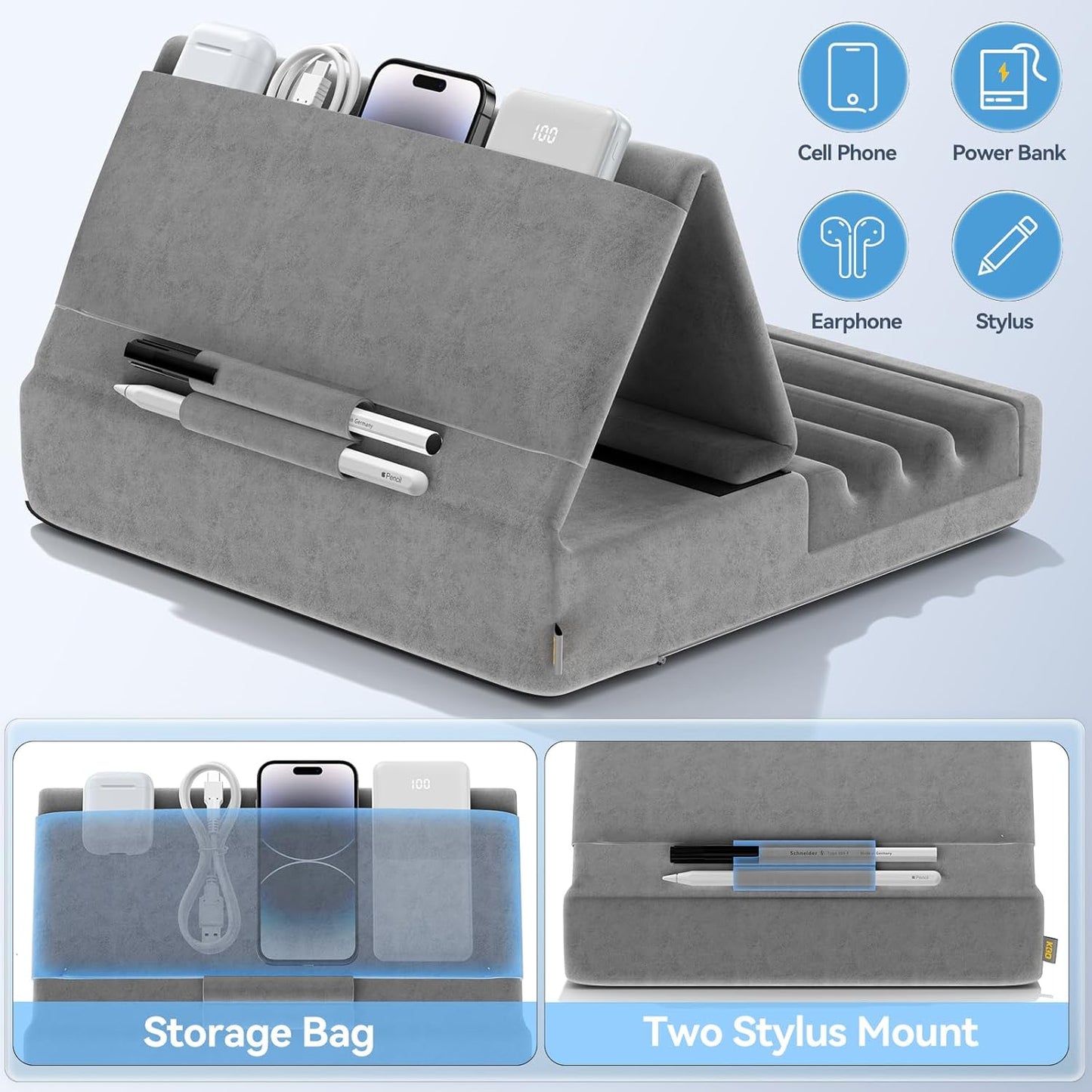 Adjustable Tablet Pillow Stand with Storage Pockets and Wide Device Compatibility