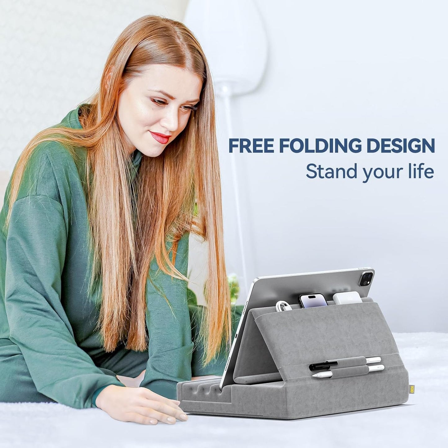 Adjustable Tablet Pillow Stand with Storage Pockets and Wide Device Compatibility