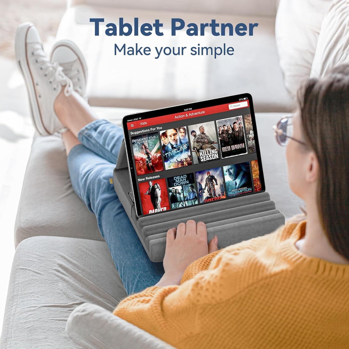 Adjustable Tablet Pillow Stand with Storage Pockets and Wide Device Compatibility