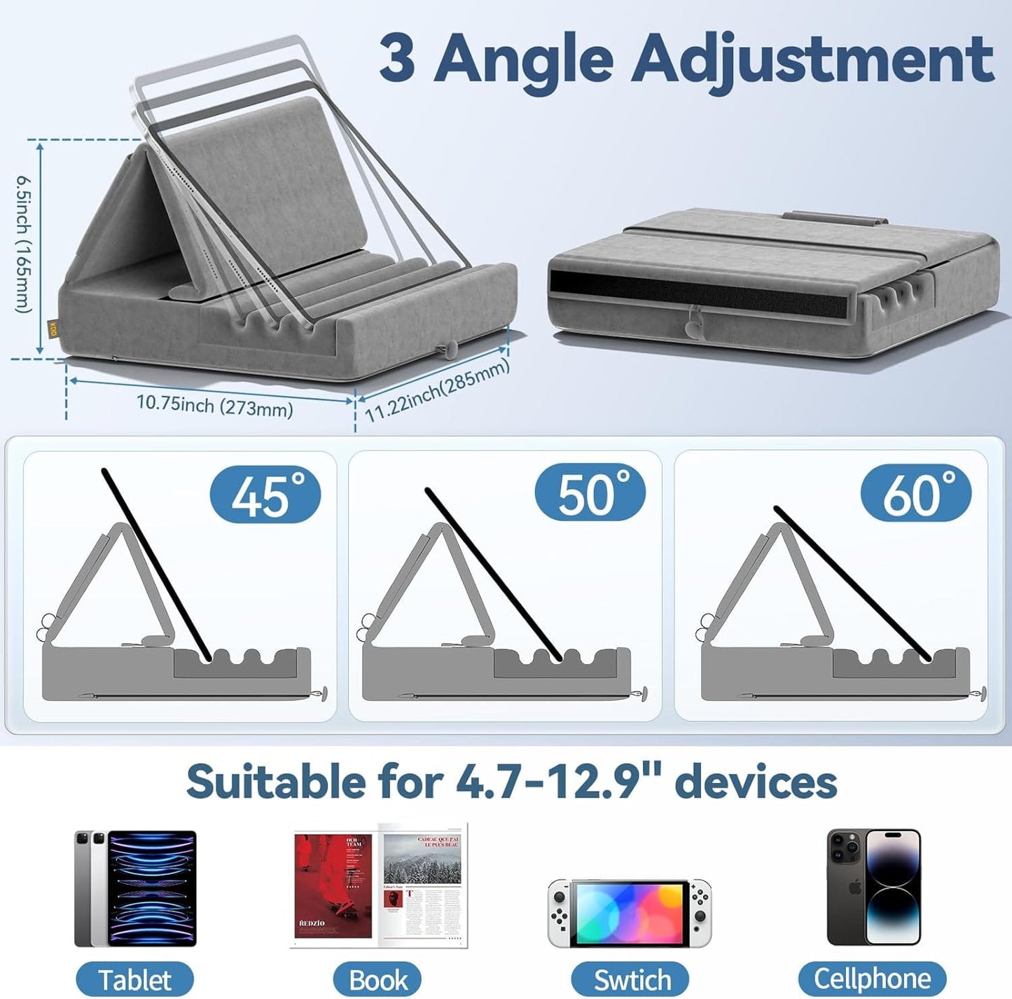 Adjustable Tablet Pillow Stand with Storage Pockets and Wide Device Compatibility