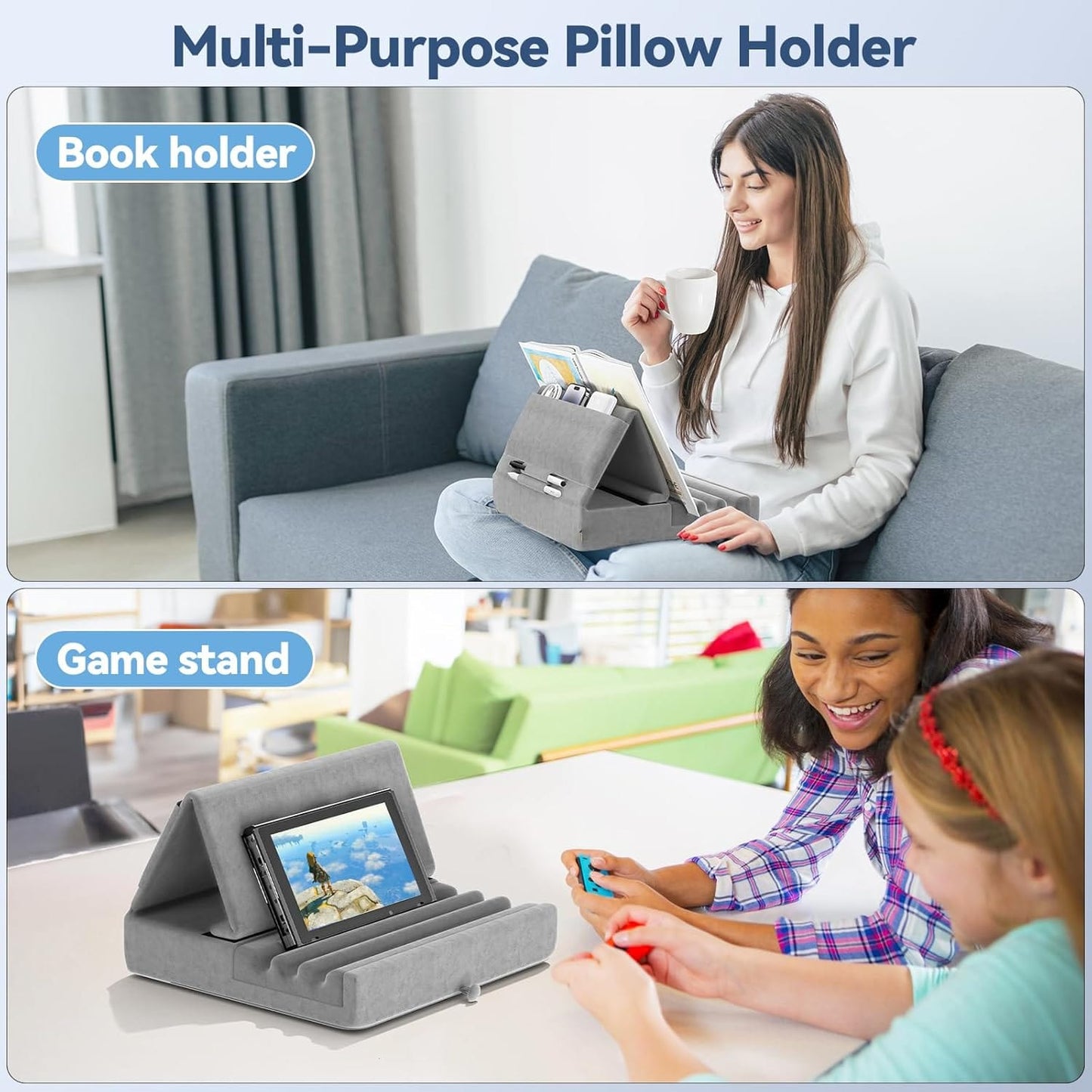Adjustable Tablet Pillow Stand with Storage Pockets and Wide Device Compatibility
