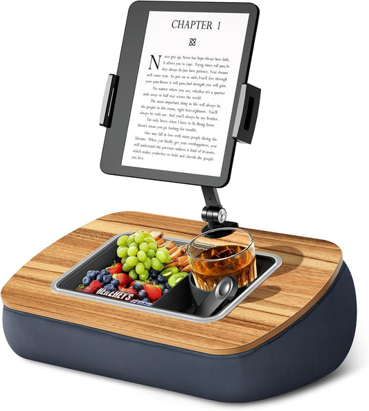 Adjustable Beanbag Tablet Stand with 360° Rotating Clip & Removable Snack Tray