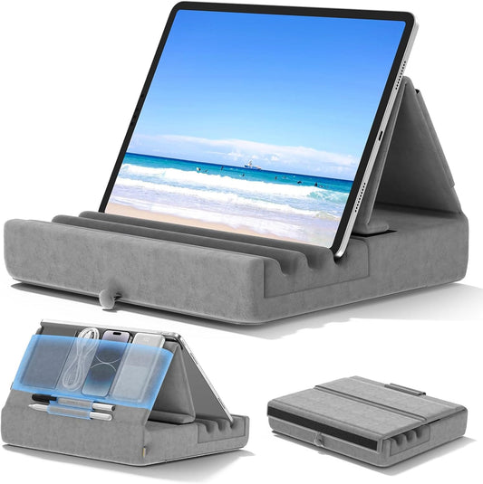 Adjustable Tablet Pillow Stand with Storage Pockets and Wide Device Compatibility